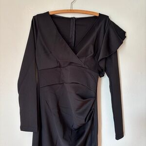 Women’s Formal Wrap V-Neck Ruffle Long Sleeve Black Bodycon Midi Dress, Size M